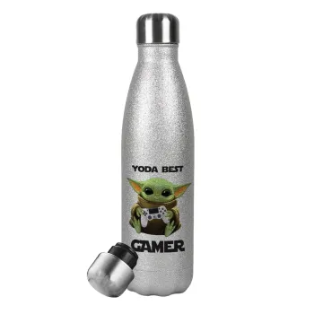 Yoda Best Gamer, Metallic Glitter Silver Thermos Flask (Stainless steel), double-walled, 500ml