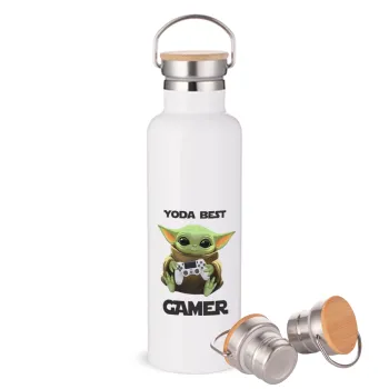 Yoda Best Gamer, Μεταλλικό παγούρι θερμός (Stainless steel) Λευκό με ξύλινο καπάκι (bamboo), διπλού τοιχώματος, 750ml