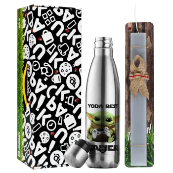 Yoda Best Gamer, Easter Set, metallic stainless thermos flask (500ml) & scented flat Easter candle (30cm) (GRAY)