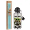 Easter Set, metallic silver aluminum water bottle (500ml) & scented flat Easter candle (30cm) (TURQUOISE)
