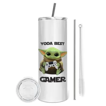 Yoda Best Gamer, Tumbler ποτήρι θερμό από ανοξείδωτο ατσάλι 600ml, με μεταλλικό καλαμάκι & βούρτσα καθαρισμού