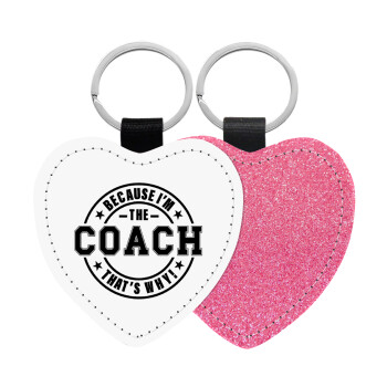 Because i'm the Coach, Μπρελόκ PU δερμάτινο glitter καρδιά ΡΟΖ