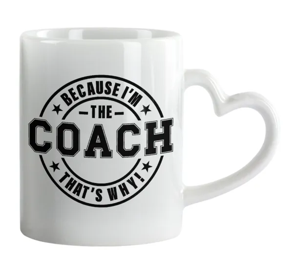 Because i'm the Coach — Κούπα καρδιά χερούλι λευκή, κεραμική, 330ml