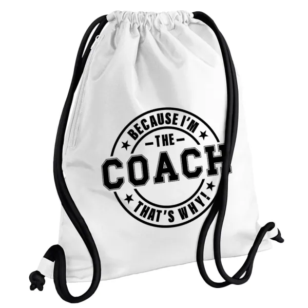 Because i'm the Coach — Τσάντα πλάτης πουγκί GYMBAG λευκή, με τσέπη (40x48cm) & χονδρά κορδόνια