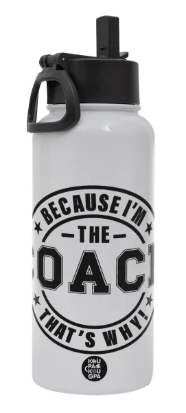 Because i'm the Coach — Metal mug thermo White with Straw and Spout Lid (Stainless steel), double wall, 950ml