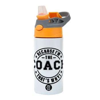Because i'm the Coach, Children's hot water bottle, stainless steel, with safety straw, Orange/Grey (360ml) BPA-FREE