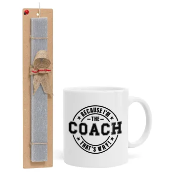 Because i'm the Coach, Πασχαλινή Λαμπάδα με Κούπα κεραμική (330ml) & κερί αρωματικό πλακέ (30cm) (ΓΚΡΙ)