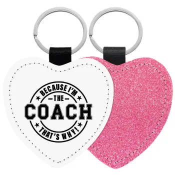 Because i'm the Coach, Μπρελόκ PU δερμάτινο glitter καρδιά ΡΟΖ