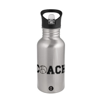 Basketball Coach, Water bottle Silver with straw, stainless steel 500ml