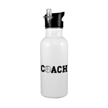 Basketball Coach, White water bottle with straw, stainless steel 600ml