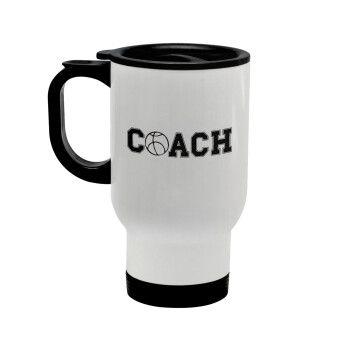 Basketball Coach, Stainless steel travel mug with lid, double wall white 450ml