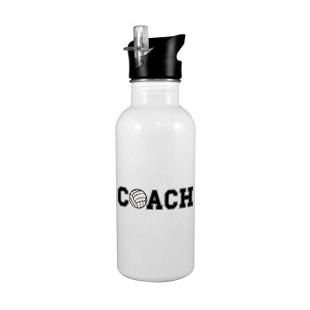 Volleyball Coach, White water bottle with straw, stainless steel 600ml