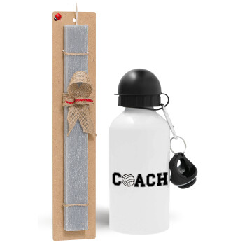 Volleyball Coach, Πασχαλινό Σετ, παγούρι μεταλλικό  αλουμινίου (500ml) & πασχαλινή λαμπάδα αρωματική πλακέ (30cm) (ΓΚΡΙ)