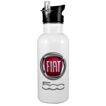 FIAT 500, White water bottle with straw, stainless steel 600ml