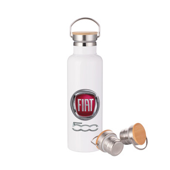 FIAT 500, Stainless steel White with wooden lid (bamboo), double wall, 750ml
