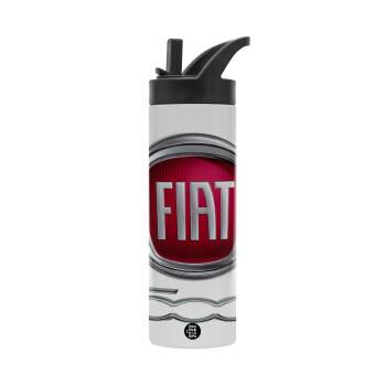 FIAT 500, Μεταλλικό παγούρι θερμός με καλαμάκι & χειρολαβή, ανοξείδωτο ατσάλι (Stainless steel 304), διπλού τοιχώματος, 600ml