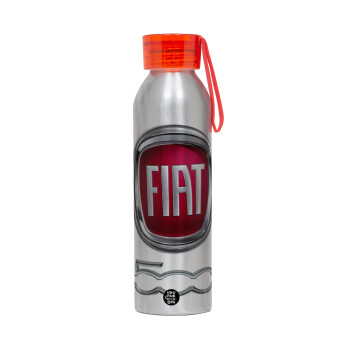 FIAT 500, Aluminum Sports Bottle 650ml – Silver with Red Cap and Silicone Strap