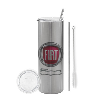 FIAT 500, Eco friendly stainless steel Silver tumbler 600ml, with metal straw & cleaning brush