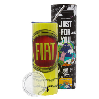 FIAT 500, Neon Yellow Travel Tumbler θερμό, μεταλλικό καλαμάκι(Ανωξείδωτο 304 Food grade, BPA free, 600ml)