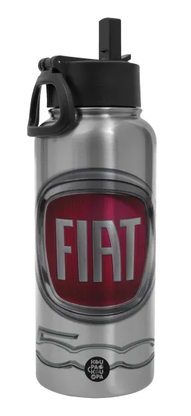 FIAT 500 — Μεταλλικό παγούρι θερμός Silver με καλαμάκι και χερούλι (Stainless steel), διπλού τοιχώματος, 950ml