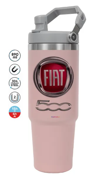 FIAT 500 — ΡΟΖ Travel Tumbler Θερμός με χερούλι και καλαμάκι 890ml