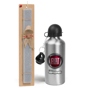 FIAT 500, Easter Set, metallic silver aluminum water bottle (500ml) & aromatic flat Easter candle (30cm) (GRAY)