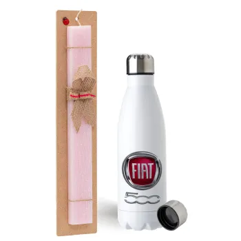 FIAT 500, Easter Set, metallic stainless steel water bottle (750ml) & scented flat Easter candle (30cm) (PINK)