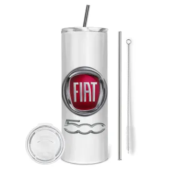 FIAT 500, Tumbler ποτήρι θερμό από ανοξείδωτο ατσάλι 600ml, με μεταλλικό καλαμάκι & βούρτσα καθαρισμού