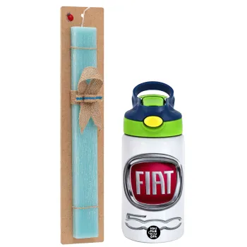 FIAT 500, Easter Set, Children's thermal stainless steel bottle with safety straw, green/blue (350ml) & aromatic flat Easter candle (30cm) (TURQUOISE)