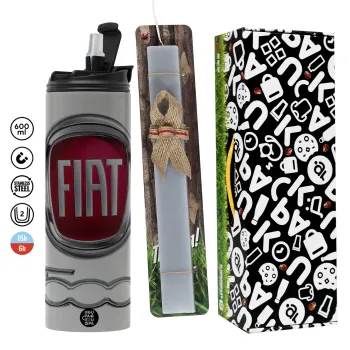 FIAT 500, Πασχαλινή Λαμπάδα με Travel Tumbler θερμό (600ml, BPA free) & κερί αρωματικό πλακέ (30cm) (ΓΚΡΙ)