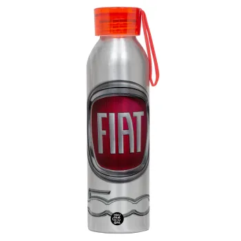 FIAT 500, Αλουμινένιο Αθλητικό Μπουκάλι 650ml – Ασημί με Κόκκινο Καπάκι και Λουράκι Σιλικόνης