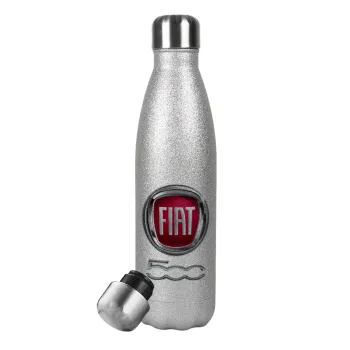 FIAT 500, Μεταλλικό παγούρι θερμός Glitter Aσημένιο (Stainless steel), διπλού τοιχώματος, 500ml