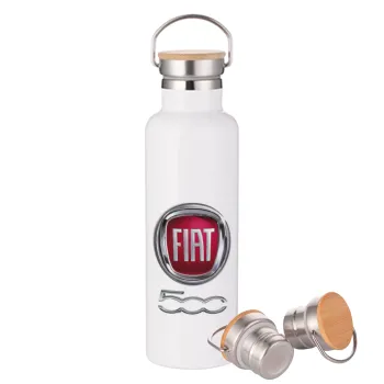 FIAT 500, Stainless steel White with wooden lid (bamboo), double wall, 750ml