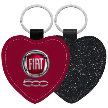 FIAT 500, Μπρελόκ PU δερμάτινο glitter καρδιά ΜΑΥΡΟ