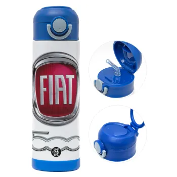FIAT 500, Children's hot water bottle, stainless steel, with safety straw, BLUE (500ml)