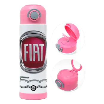 FIAT 500, Παιδικό παγούρι θερμό, ανοξείδωτο, με καλαμάκι ασφαλείας, ΡΟΖ (500ml)