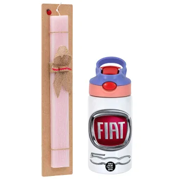 FIAT 500, Easter Set, Children's thermal stainless steel water bottle with safety straw, pink/purple (350ml) & Easter scented flat candle (30cm) (PINK)