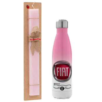 FIAT 500, Easter Set, Metallic pink/white (Stainless steel) thermos, double-walled, 500ml & aromatic flat Easter candle (30cm) (PINK)