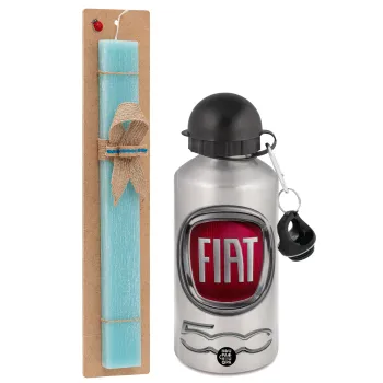 FIAT 500, Easter Set, metallic silver aluminum water bottle (500ml) & scented flat Easter candle (30cm) (TURQUOISE)