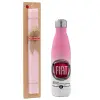 Easter Set, Metallic pink/white (Stainless steel) thermos, double-walled, 500ml & aromatic flat Easter candle (30cm) (PINK)