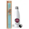 Easter Set, metallic stainless steel water bottle (750ml) & aromatic flat Easter candle (30cm) (TURQUOISE)