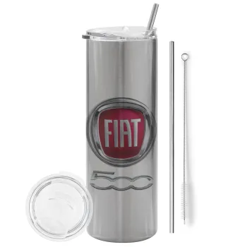 FIAT 500, Tumbler stainless steel Silver 600ml, with metal straw & cleaning brush