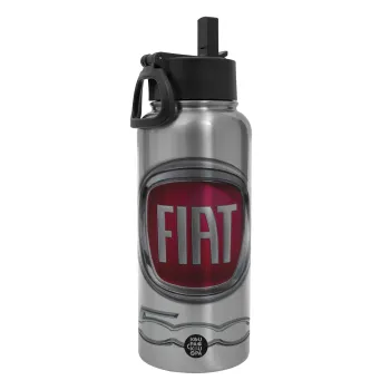 FIAT 500, Μεταλλικό παγούρι θερμός Silver με καλαμάκι και χερούλι (Stainless steel), διπλού τοιχώματος, 950ml