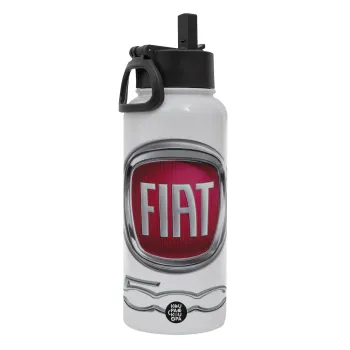 FIAT 500, Metal mug thermo White with Straw and Spout Lid (Stainless steel), double wall, 950ml