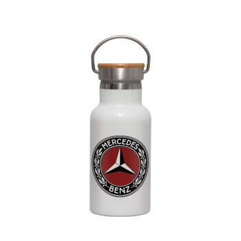 Mercedes vintage, Μεταλλικό παγούρι θερμός (Stainless steel) Λευκό με ξύλινο καπακι (bamboo), διπλού τοιχώματος, 350ml