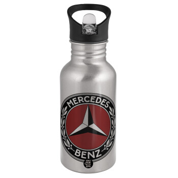 Mercedes vintage, Water bottle Silver with straw, stainless steel 500ml