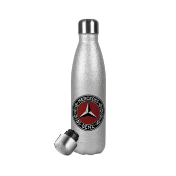 Mercedes vintage, Μεταλλικό παγούρι θερμός Glitter Aσημένιο (Stainless steel), διπλού τοιχώματος, 500ml