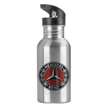Mercedes vintage, Water bottle Silver with straw, stainless steel 600ml