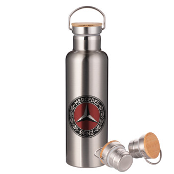 Mercedes vintage, Stainless steel Silver with wooden lid (bamboo), double wall, 750ml
