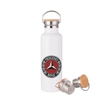 Mercedes vintage, Μεταλλικό παγούρι θερμός (Stainless steel) Λευκό με ξύλινο καπακι (bamboo), διπλού τοιχώματος, 750ml